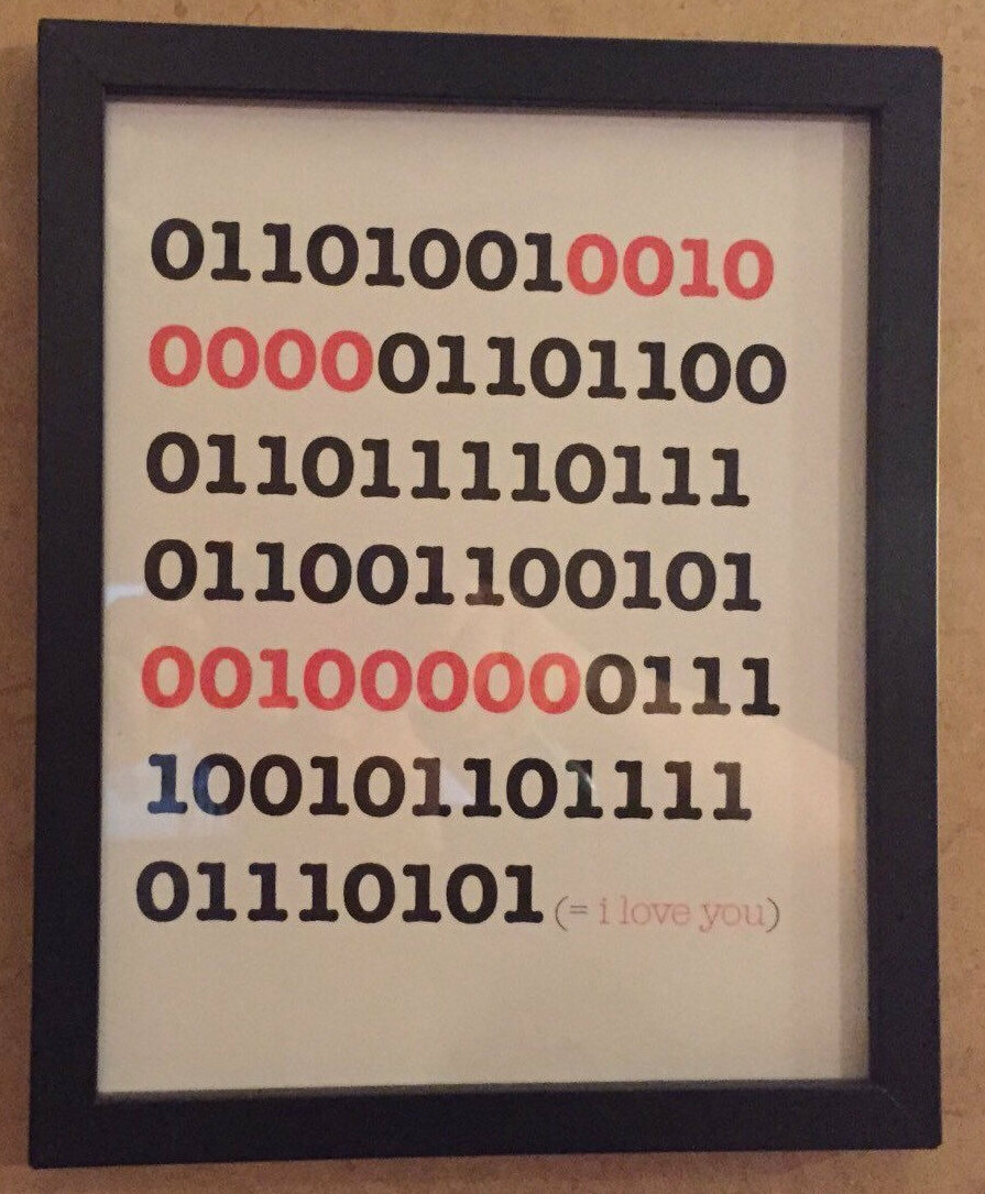 tech savvy gift, printed artwork, nerd art and binary code i love u