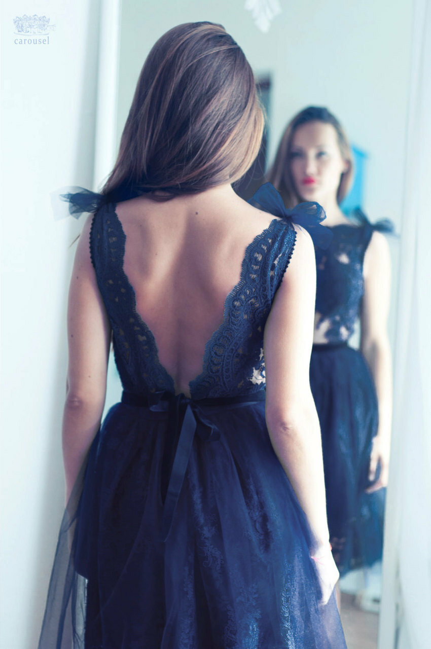 backless dress, blue lace dress, hand embroidering and weddings