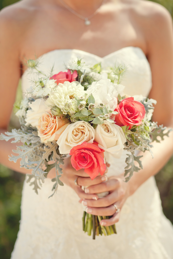 bouquet, rose, coral pink and green