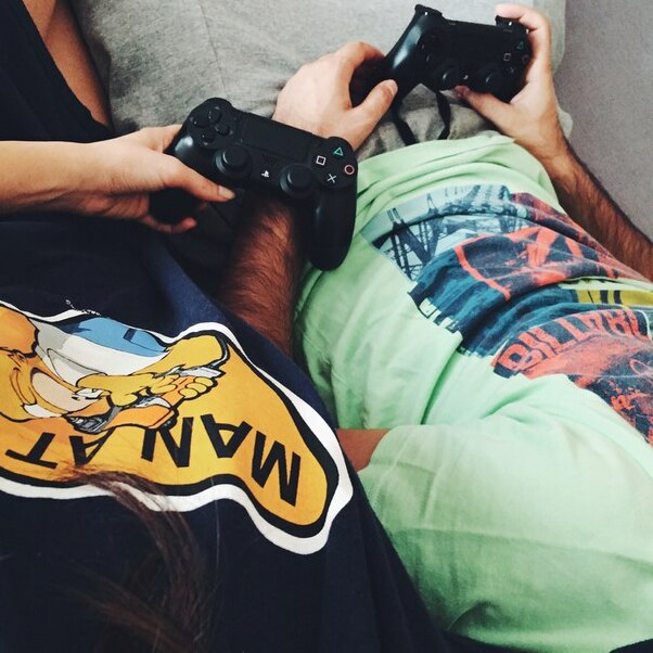 love, couple, play station and cozy