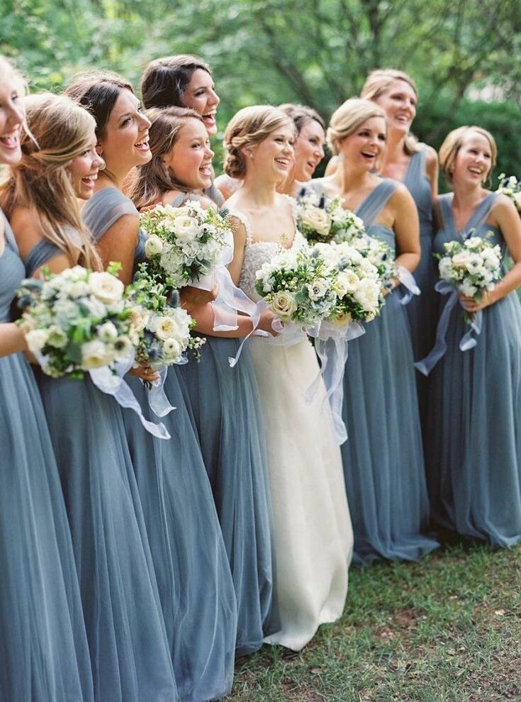 dusty blue and bridesmaid dresses