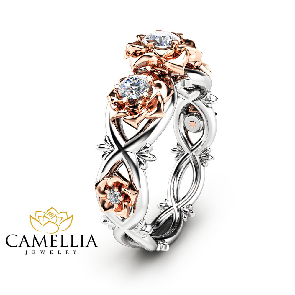 floral ring, diamond engagement, camellia jewelry and etsy