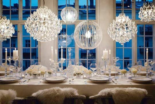 table, decoration and chandeliers