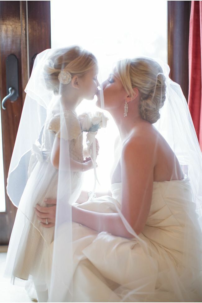 bride, kiss, love and flowergirl