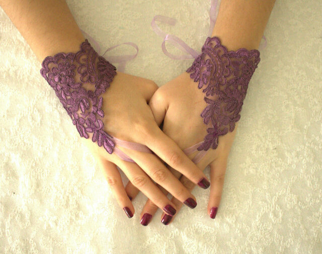 wedding accessories, bridal accessories, purple lace glove and french lace