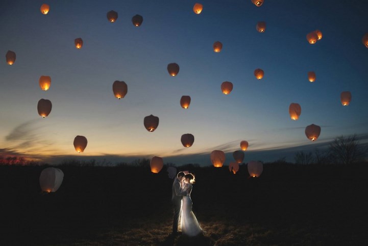romantic, sky, wedding photo and lampions