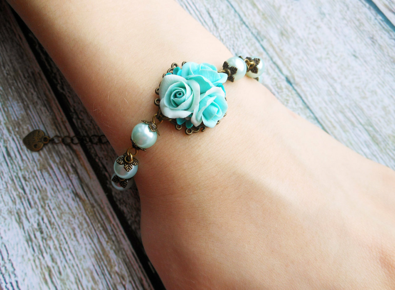 mint pearl and roses, mint roses clay, turquoise roses clay and roses polymer clay