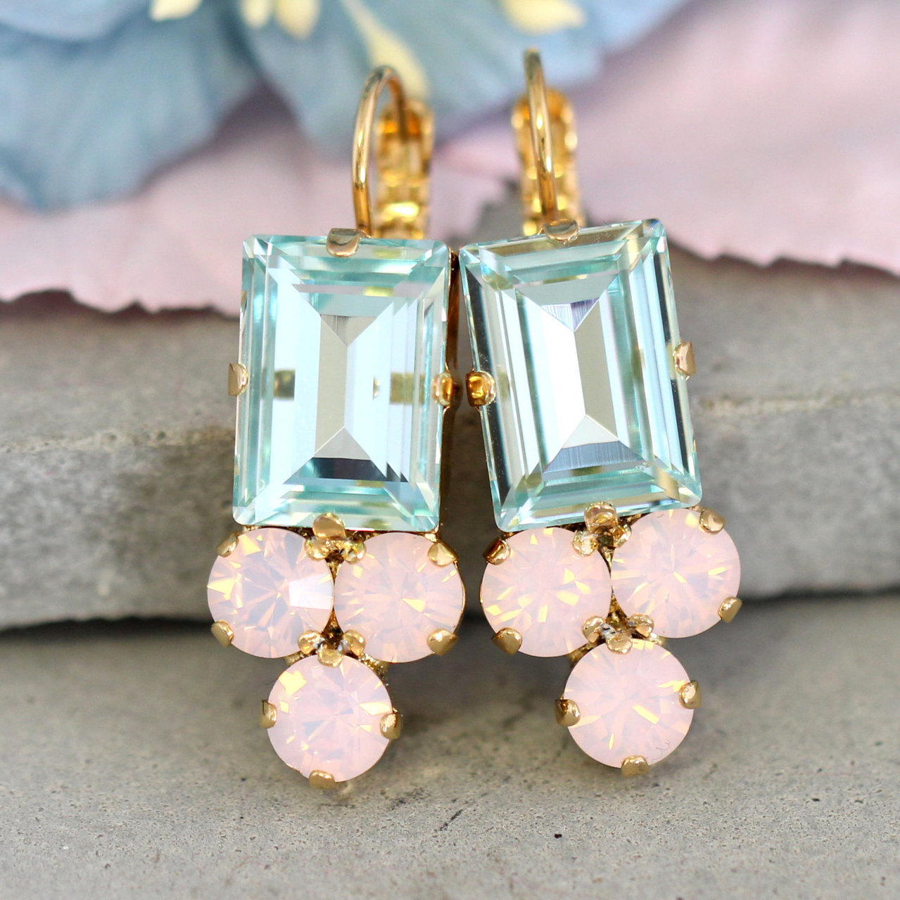 pink opal light blue, rose quartz serenity, bridal earrings and aquamarine earrings
