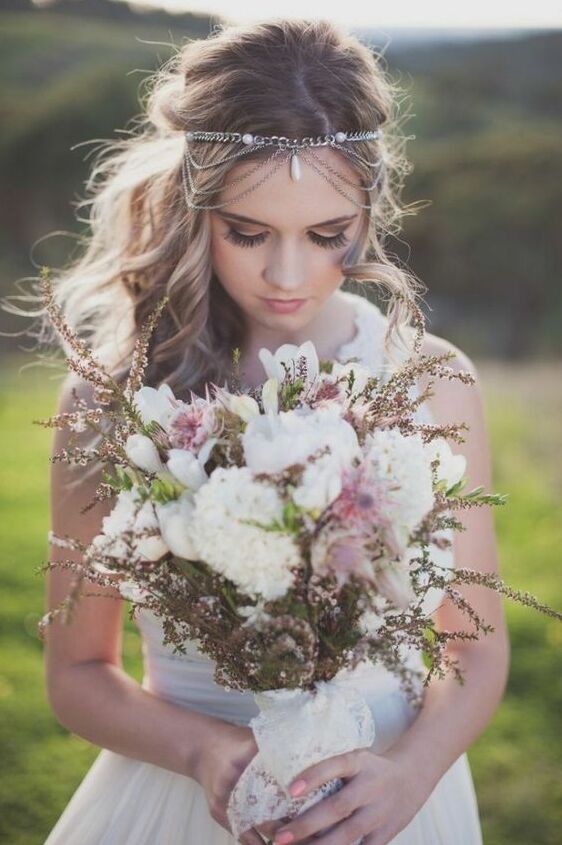 makeup, white dress, hair piece and hair