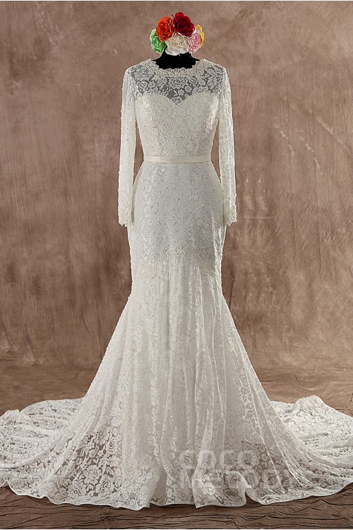 open back, trumpet-mermaid, lace and long sleeve