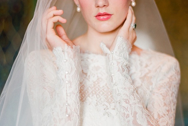 bride, wedding dress and pearls