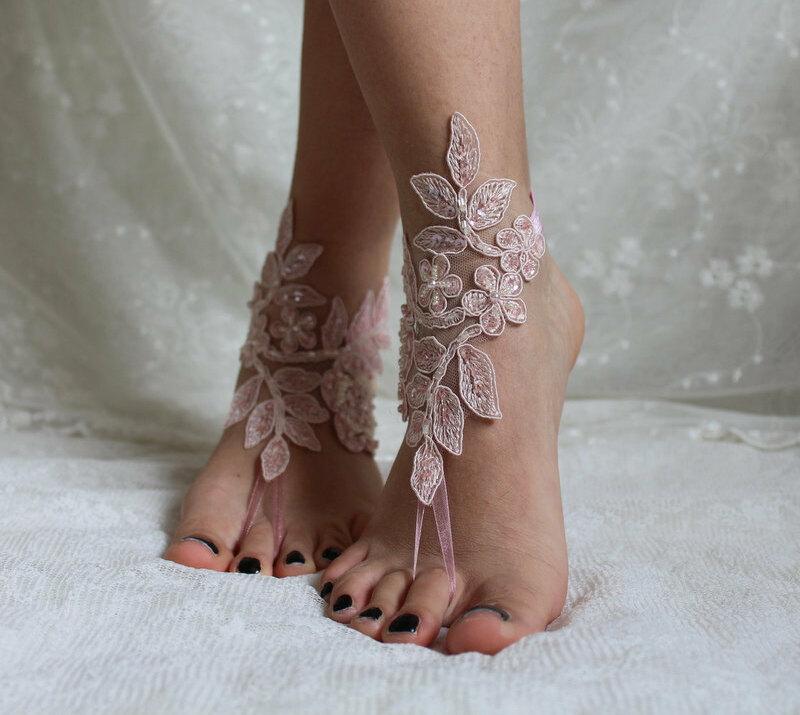 bridal anklet, beach shoes, barefoot sandals and pink lace barefoot