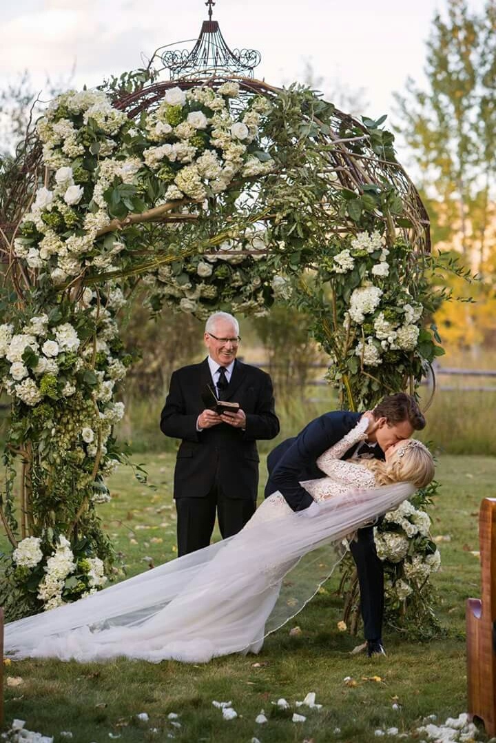 ceremony, bride and groom, nature and kiss