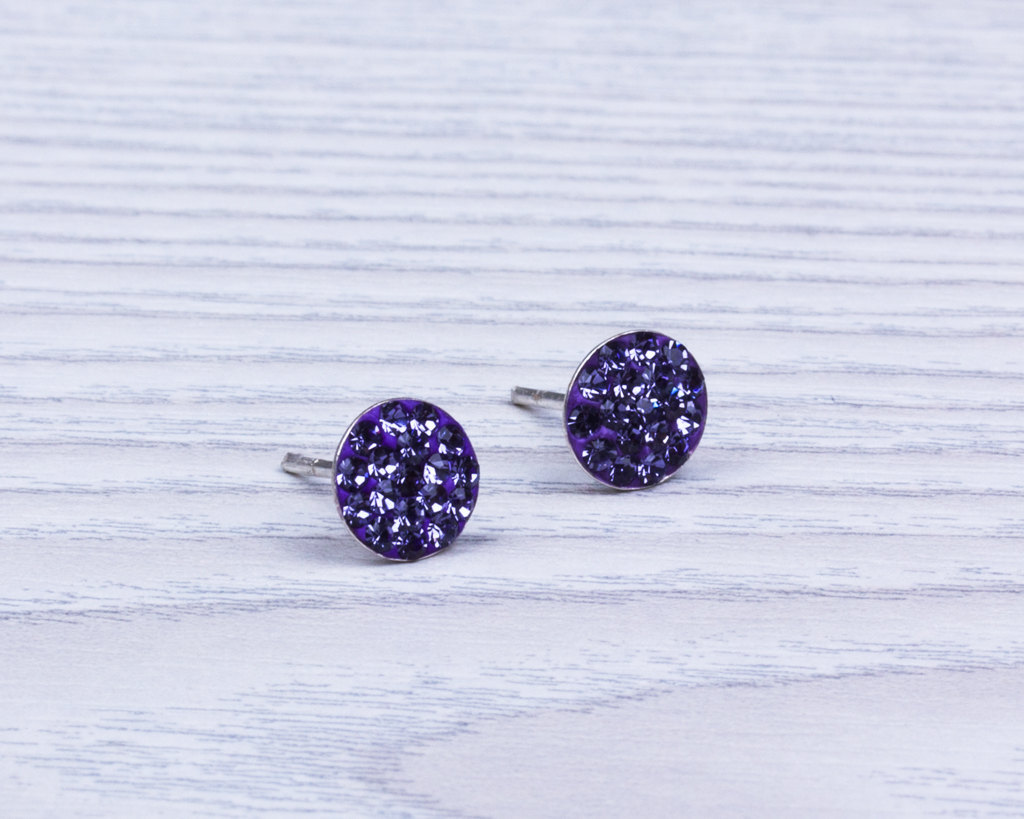 purple stud earrings, purple earrings, sterling silver 925 and round stud earrings