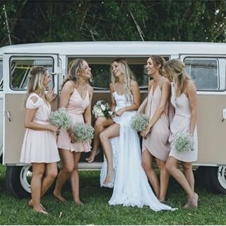 boho, bride and bridesmaids