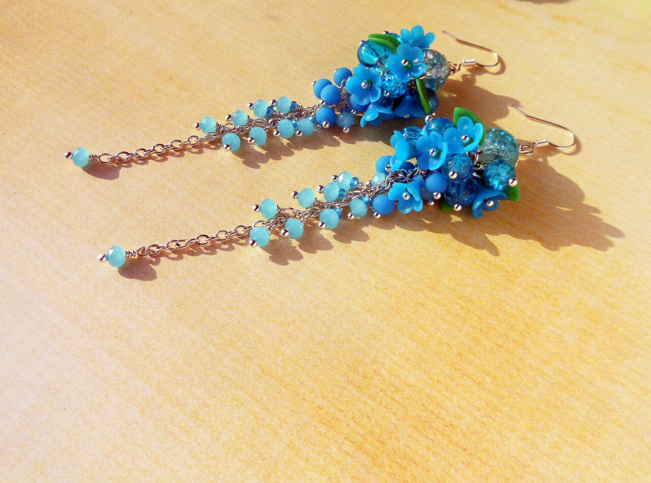 floral long earrings, blue jewelry, blue earrings prom and flower polymer clay