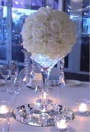 crystal, wedding arrangements and white roses