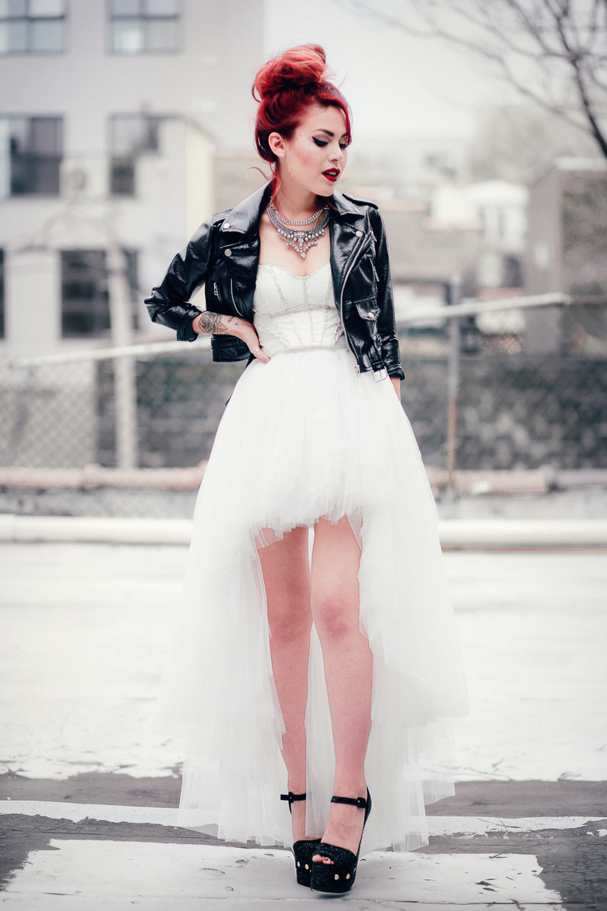 hills shoes, beutiful dress, wedding dress and leather jacket