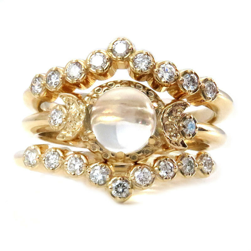 priestess, art deco engagement, diamond moonstone and stacking rings