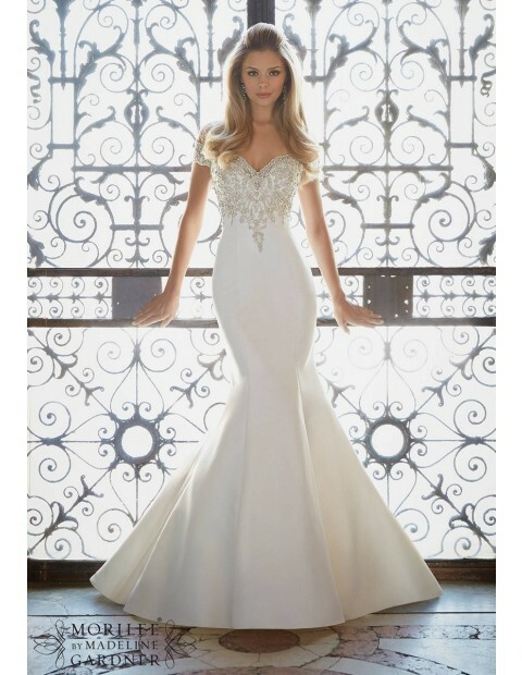 mori lee, off-the-shoulder, fit-and-flare and satin