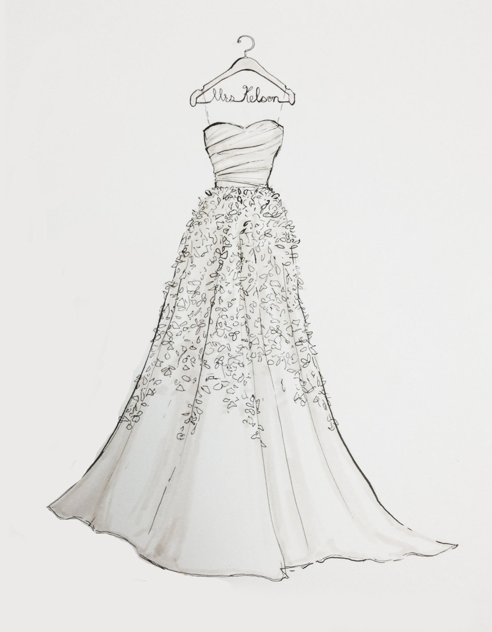 gown drawing, dress, wedding present and sketch