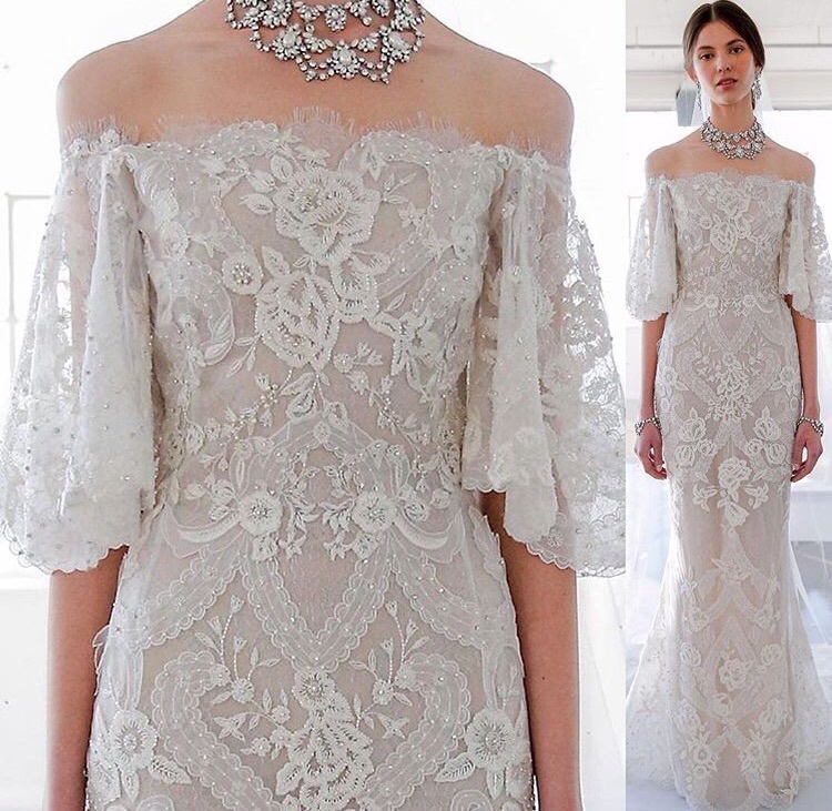 marchesa bridal, lace, bride and gown