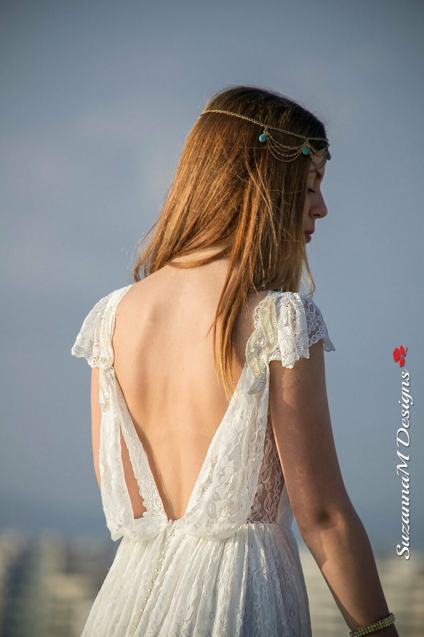 lace wedding dress, ivory lace gown, bohemian wedding and long wedding gown