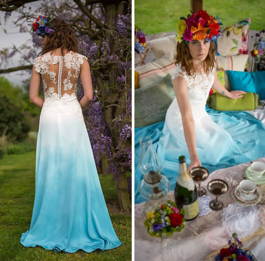 wedding dress, ombre, blue and dip dye
