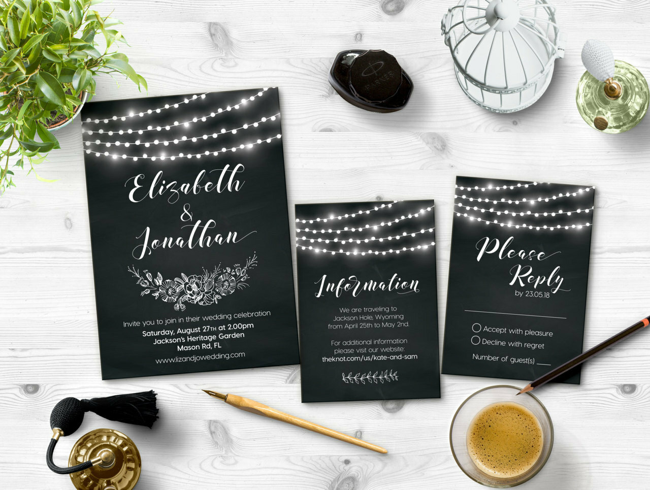 watercolor, printed invitation, wedding card and lights