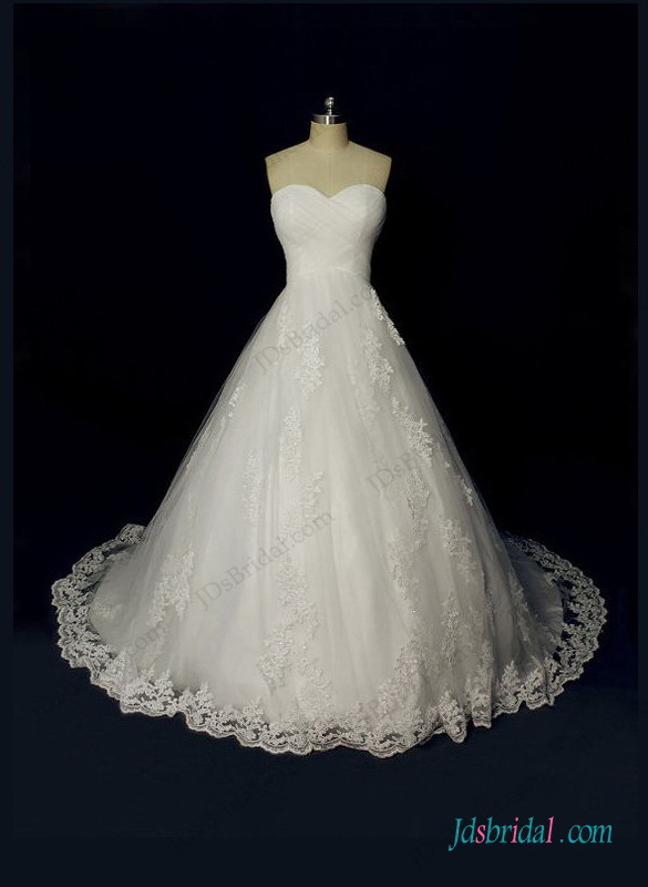 with train, wedding dress, sweetheart neckline and strapless ball gown