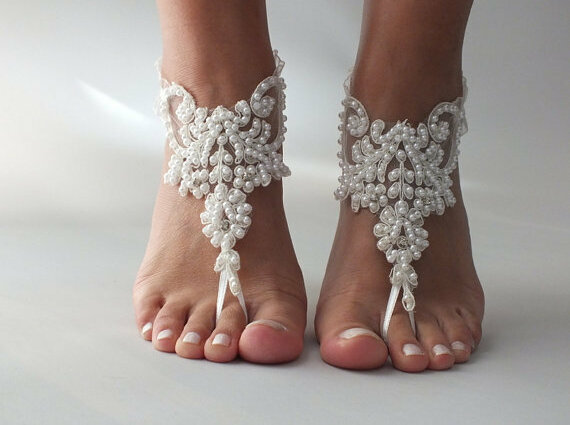 ivory lace sandals, bridesmaid and white barefoot