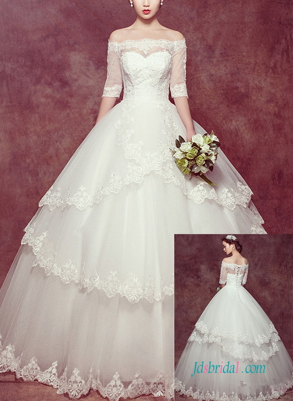 half length sleeves, ball gown, tiered skirt and off the shoulder