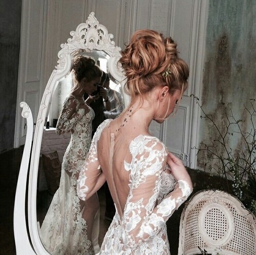 bride, weddingdress, mirror and white