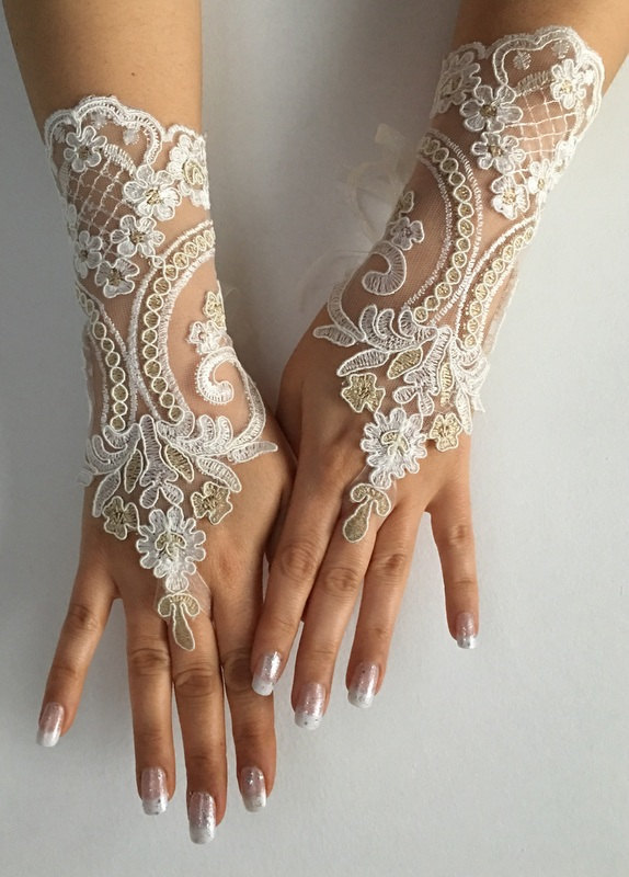 unique gloves, ivory gold gloves, wedding gloves and fingerless glove