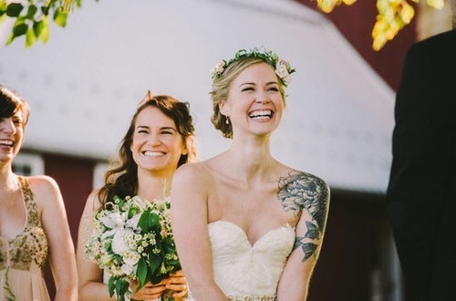 wedding dress, tatto and bouquet