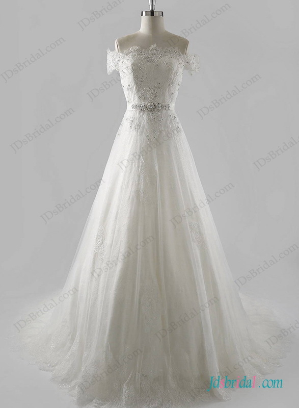 a line wedding gown, with off shoulder, graceful wedding dress and bridal dress
