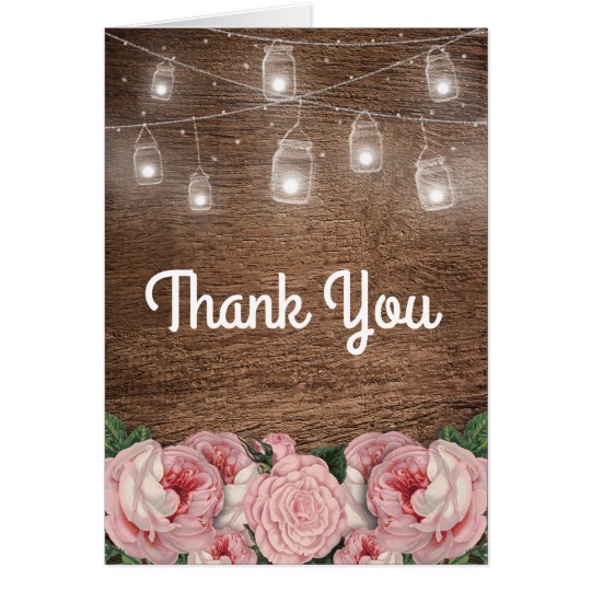thank you card, elegant, pink roses and rustic