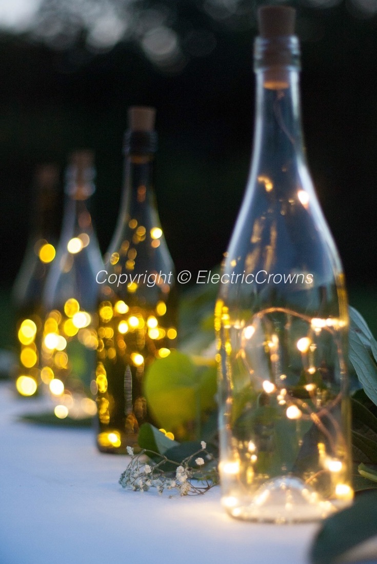 wedding centerpiece, wine bottle decor, led cork lights and wedding decor