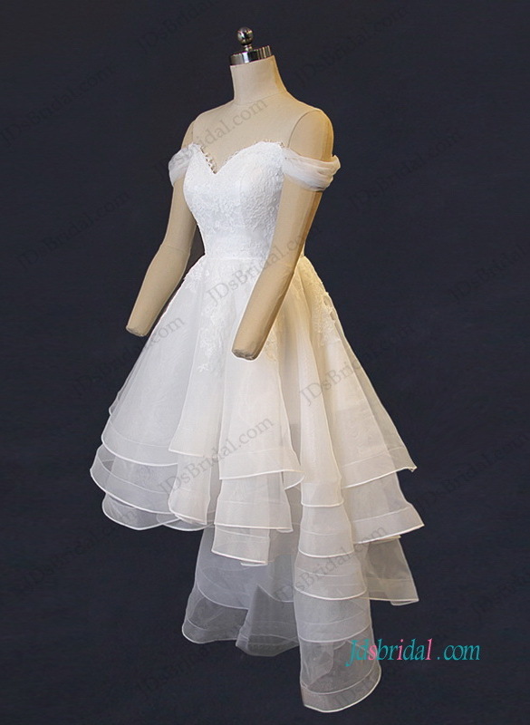lace bodice, a line bridal dress, with off shoulder and tiered skirt wedding gown