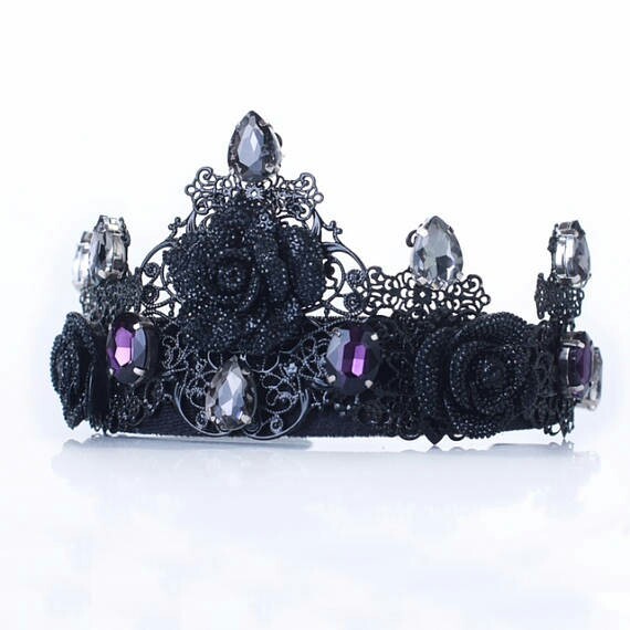 black headpiece, black wedding dress, black fascinator and baroque crown
