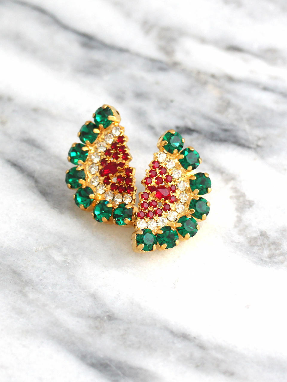 bridesmaids earrings, swarovski earrings, green red earrings and watermelon earrings