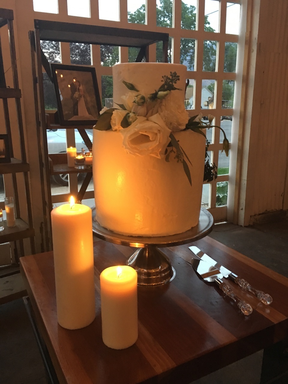 candle, wedding cake, flowers and white