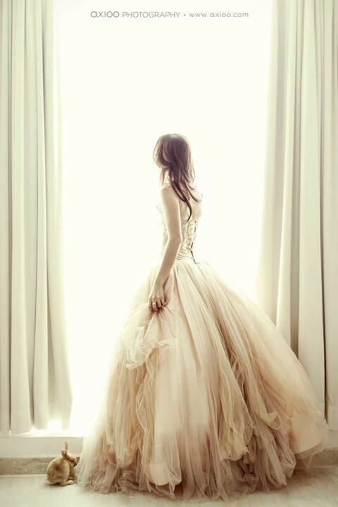 window, ring, wedding dress and hair