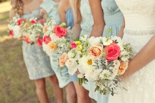 wedding dress, flowers and brides maids