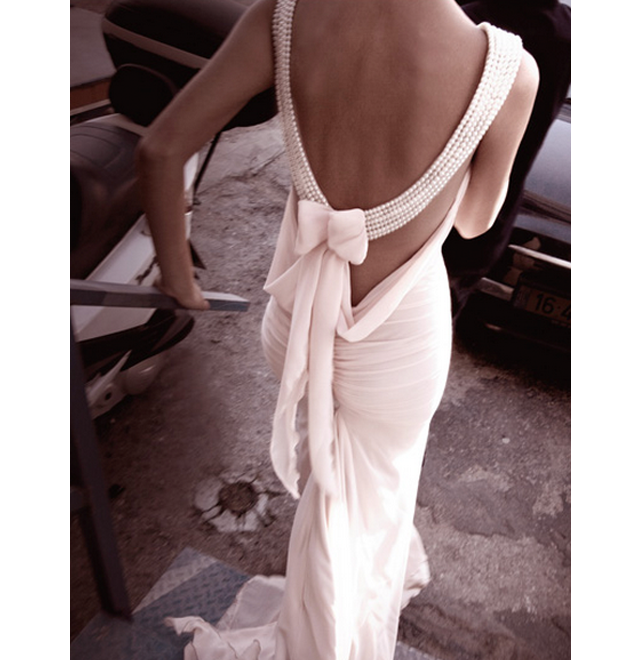 dress, wedding dress, backless and bow