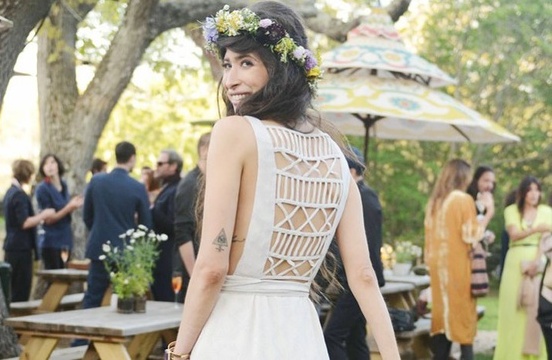 back detail, floral crown and wedding dress