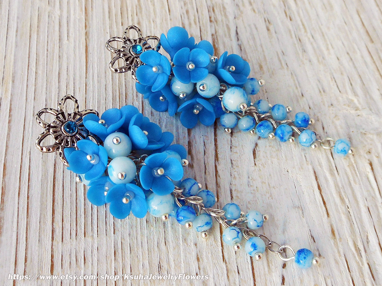 christmas gift her, flowers polymer clay, jewelry wedding and blue jewelry