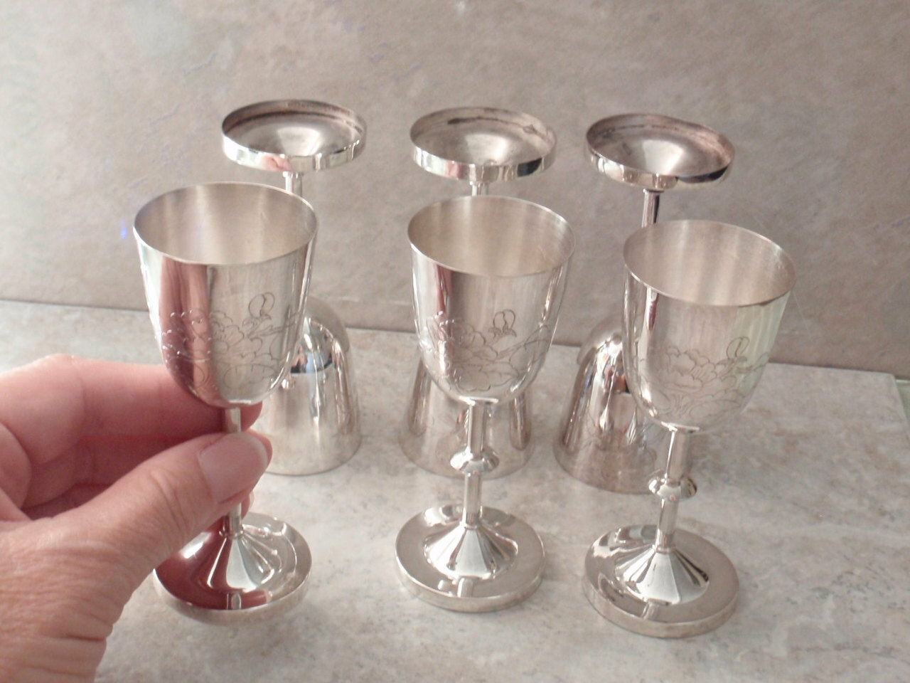 vintage goblets, kiddush cups, 900 silver goblets and etched design