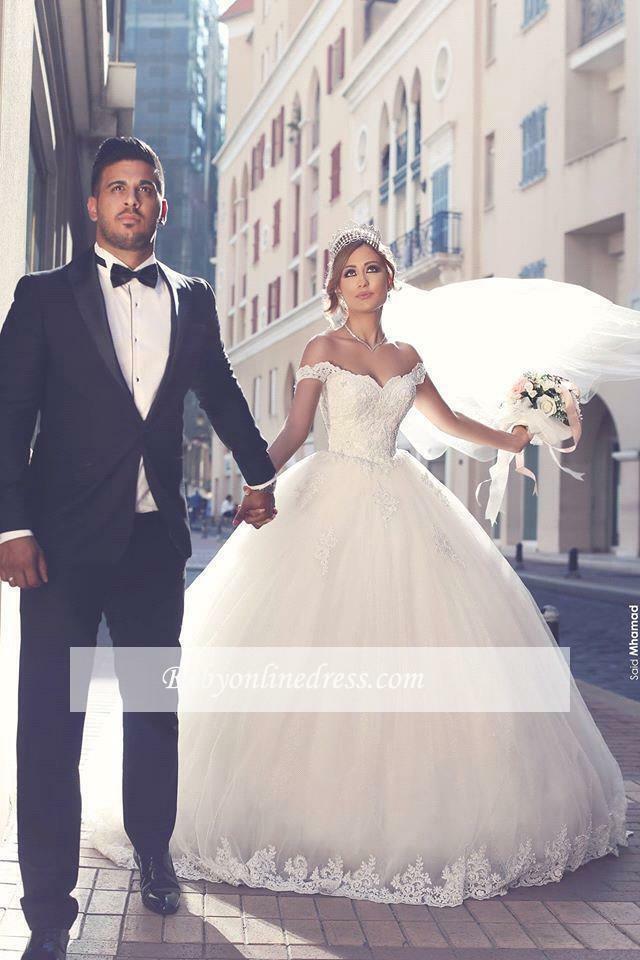 bridal, off-the-shoulder, wedding dress and appliqués