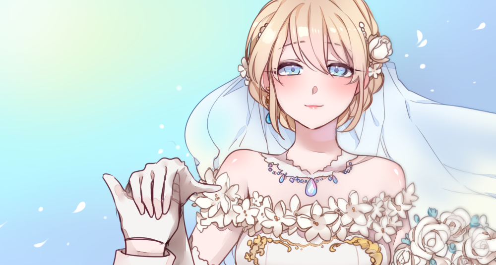 blond, wedding dress, anime and blue eyes